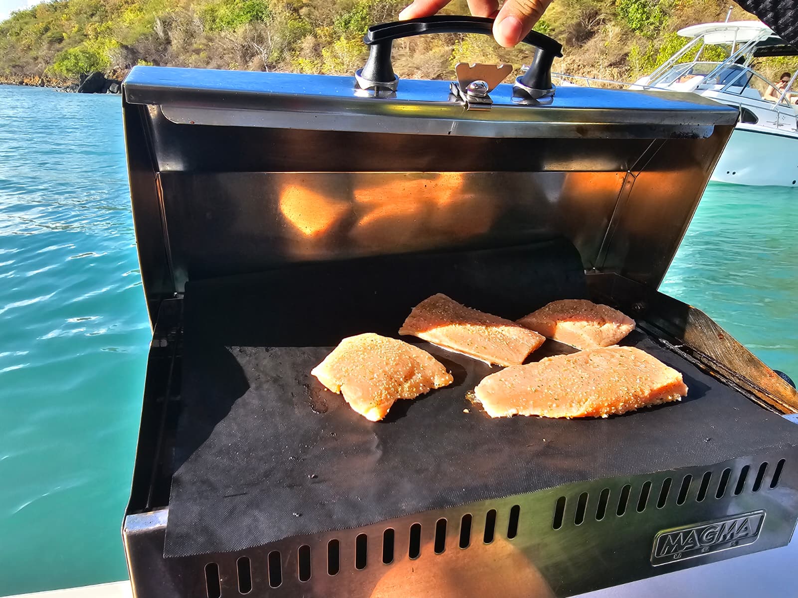 Salmon fillets cooking on the marine grill with anchored boats and green hill in the background