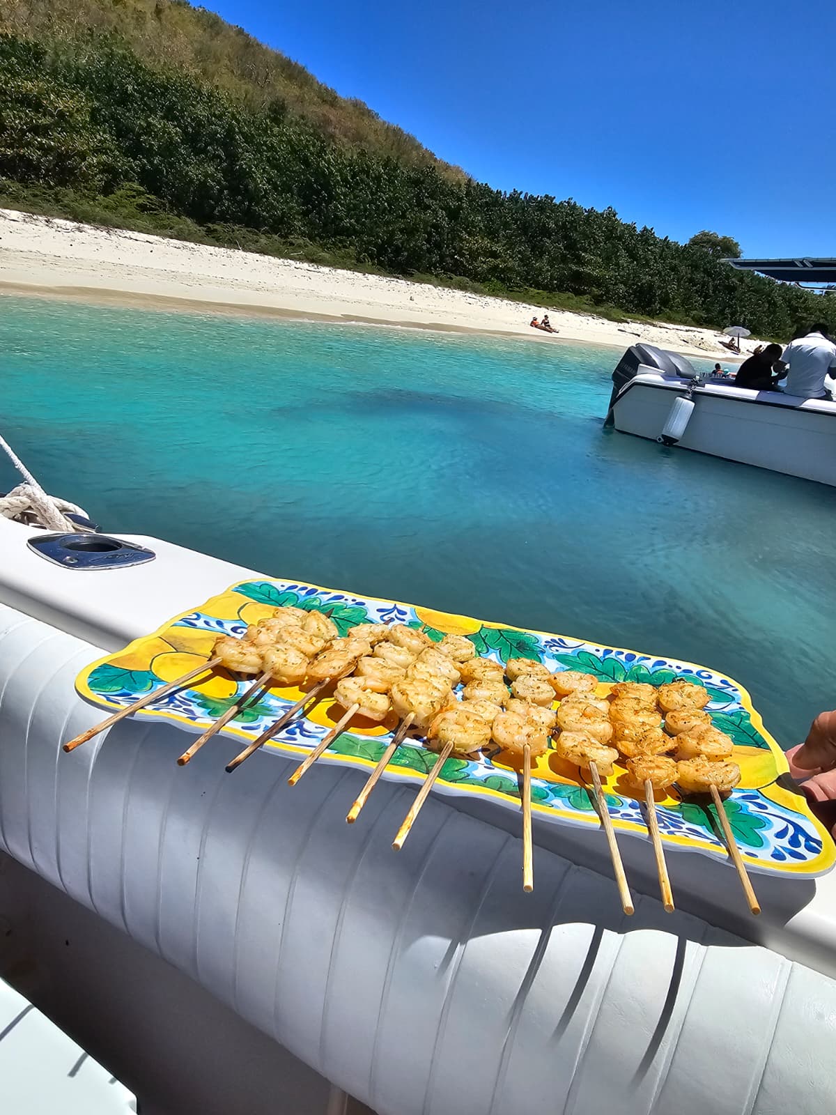 Fresh shrimp skewers plated on a yellow ceramic dish on the boat overlooking a Caribbean beach in Puerto Rico