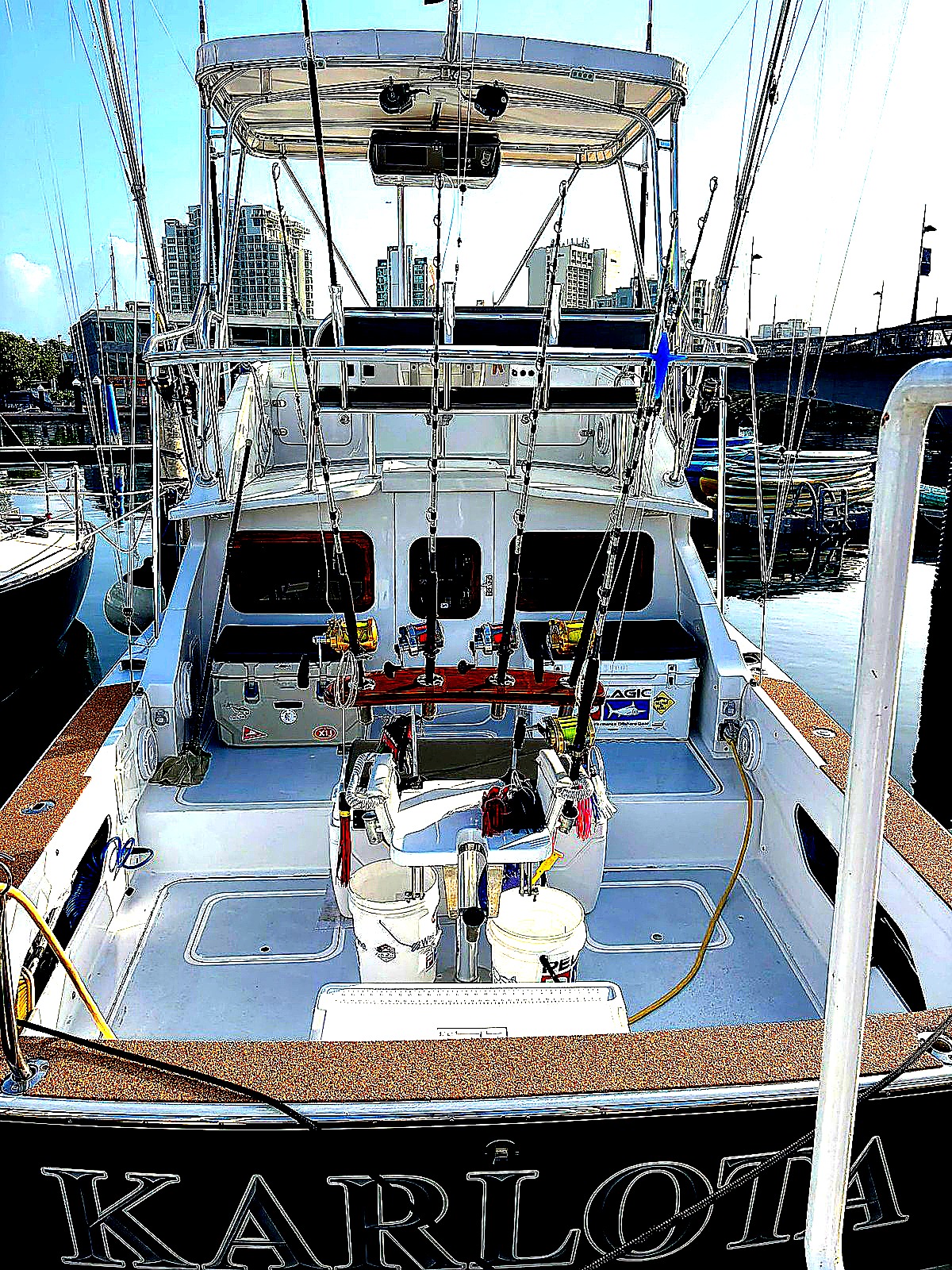 Bertram 31 Karlota stern view at marina in San Juan Puerto Rico