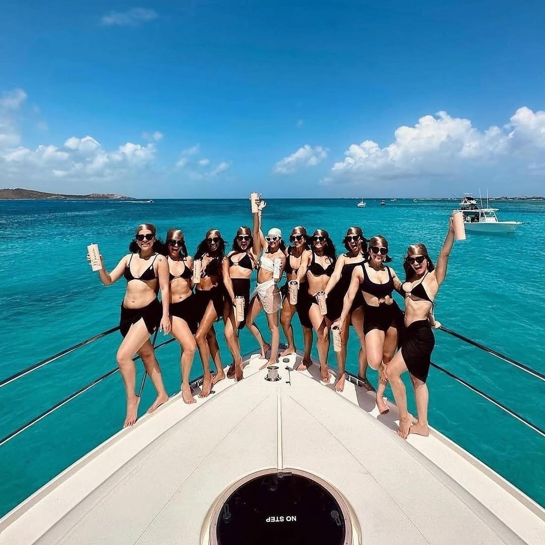 Bride squad dancing on yacht deck Puerto Rico