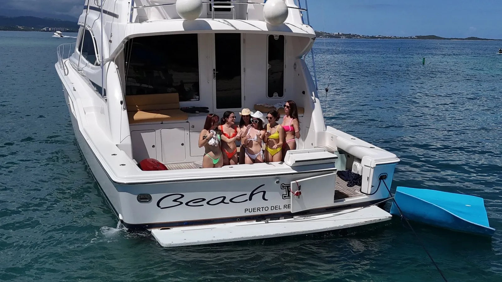 Aerial drone view of a bachelorette charter on the water in Puerto Rico