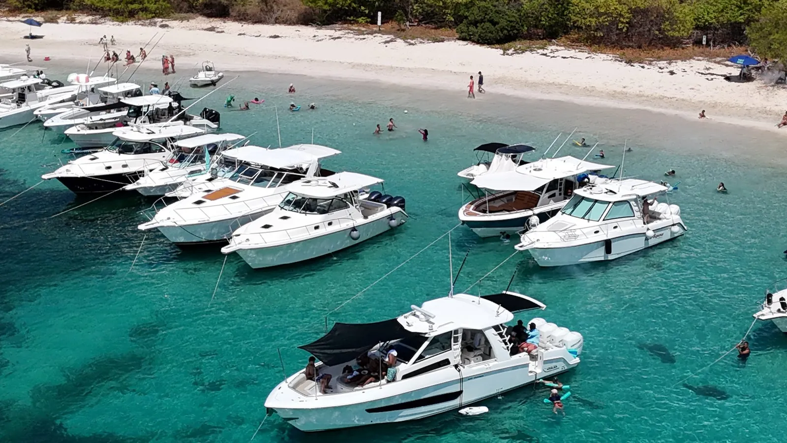Aerial drone view of Flamenco Beach Culebra Puerto Rico with anchored boats