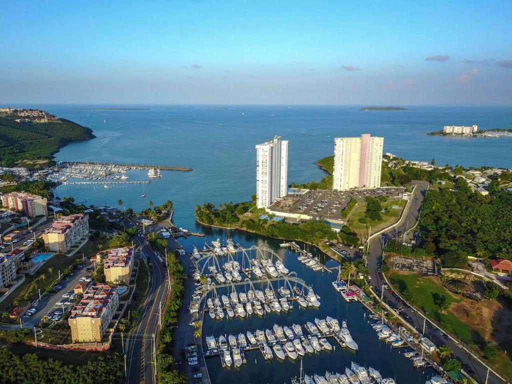 Aerial view of Villa Marina, Fajardo, with the twin condo towers and fishing boat berths
