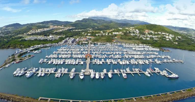 Aerial view of Puerto del Rey Marina with the Fajardo mountains behind it