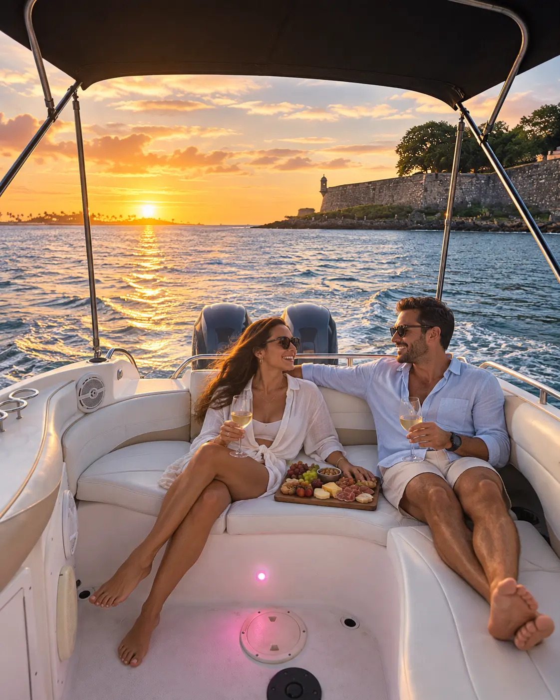 Champagne and charcuterie aboard the Godfrey 30ft, an option for a picnic-style setup