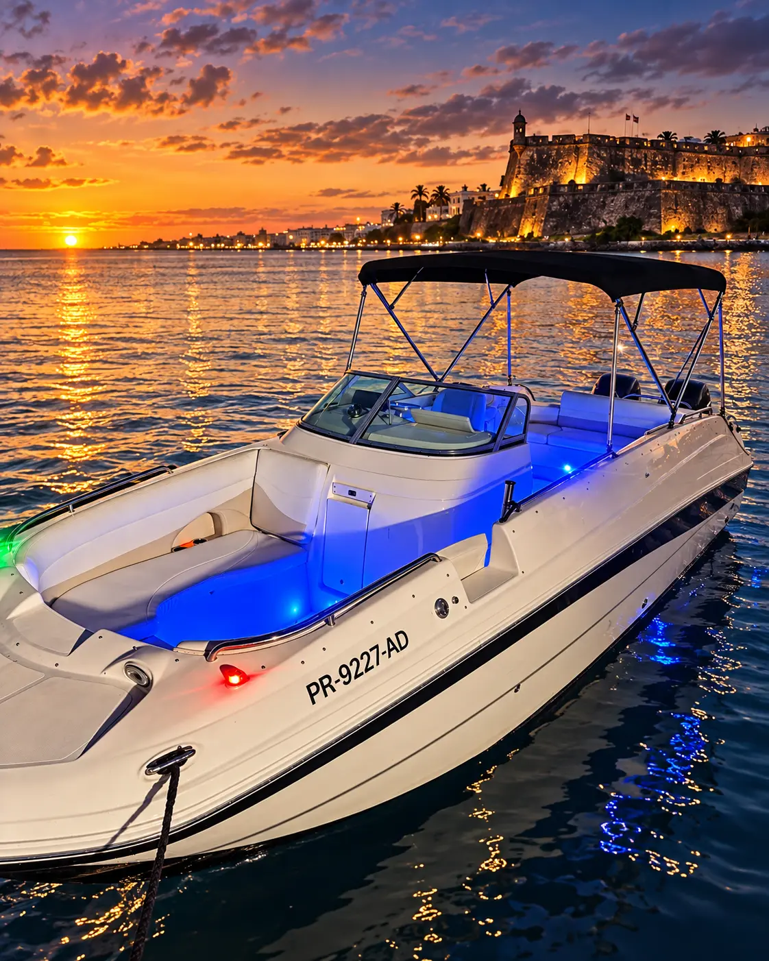 Godfrey 30ft private champagne cruise boat near Old San Juan and El Morro at dusk