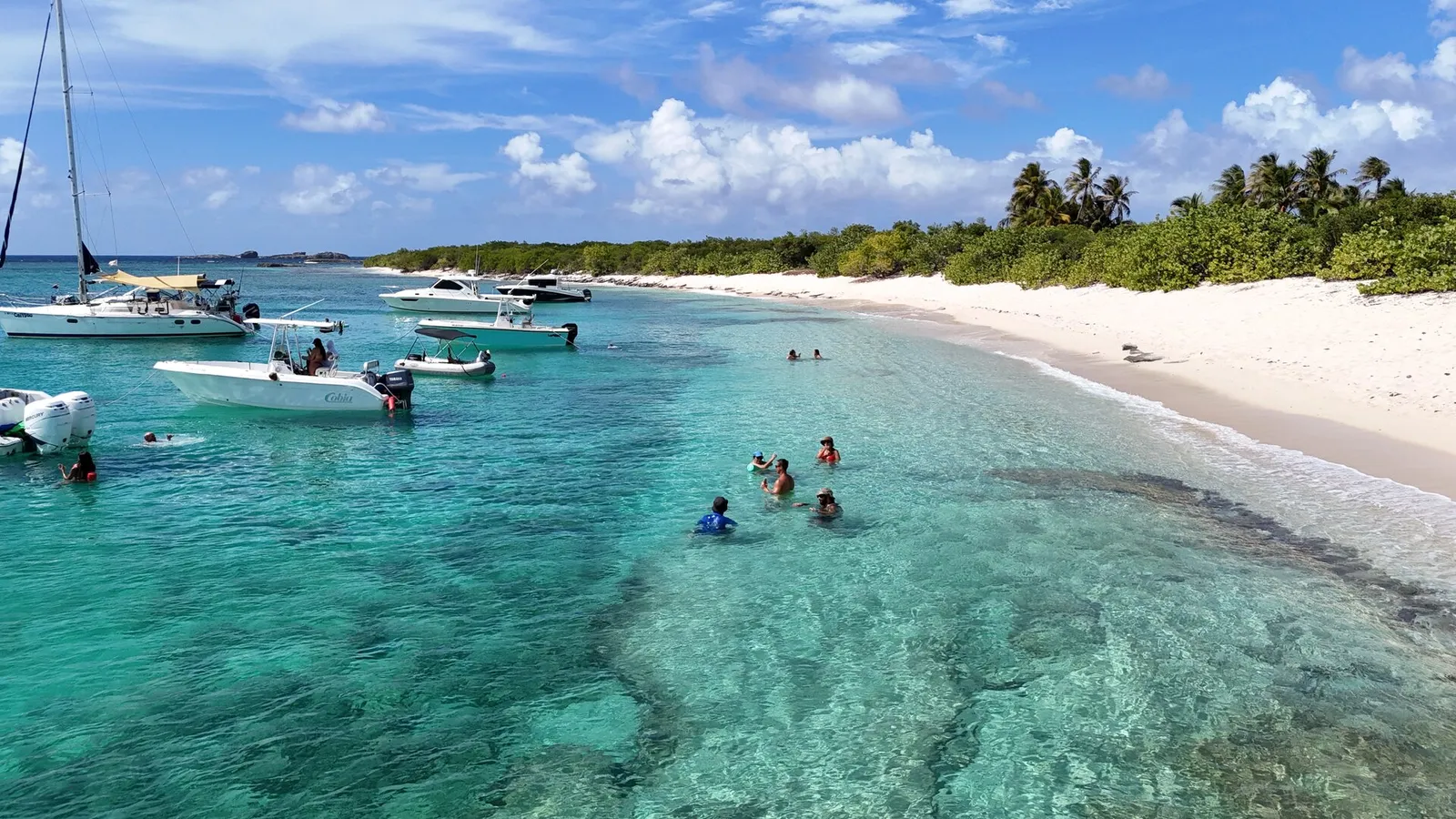 Aerial drone view of Cayo Icacos turquoise sandbar, Puerto Rico