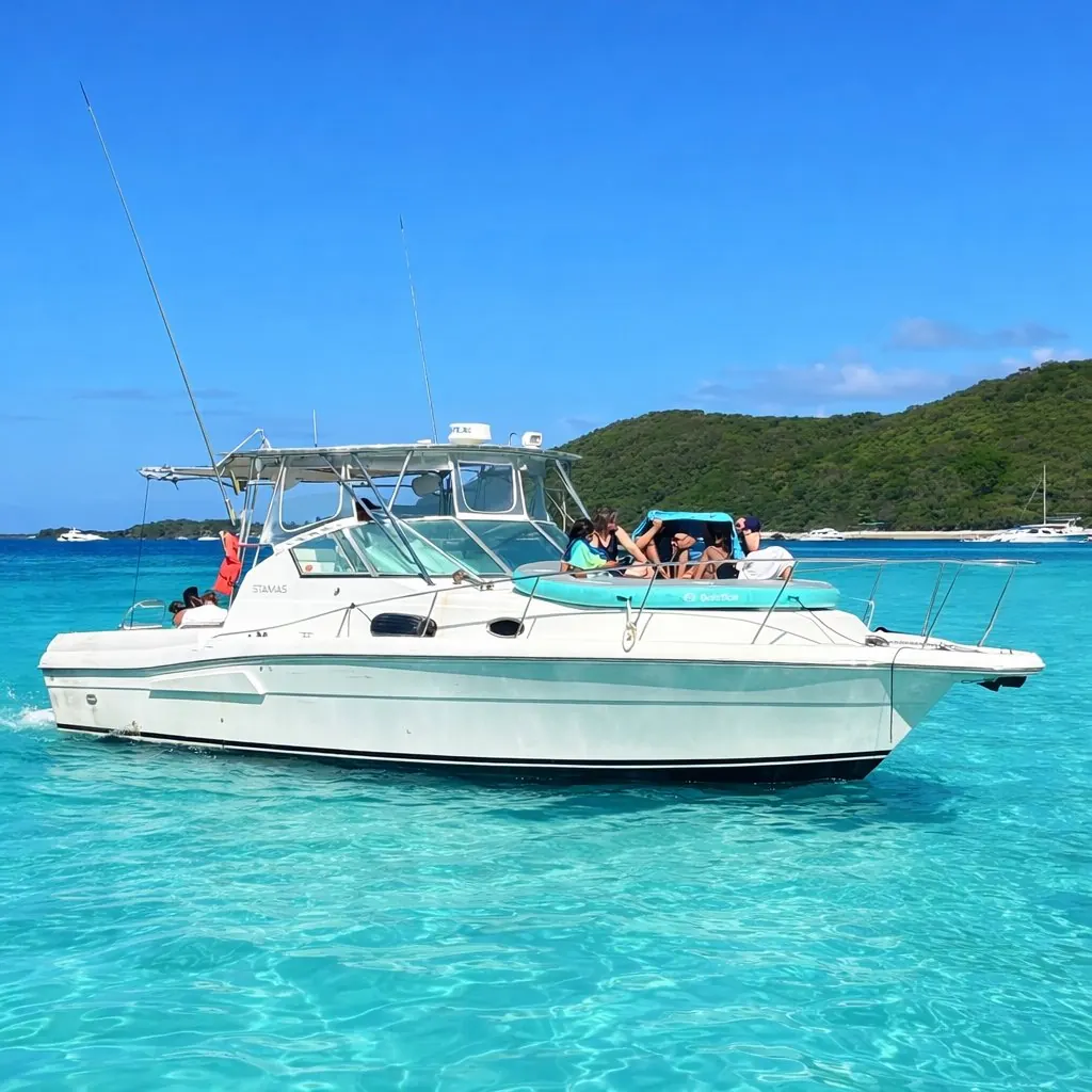 Stamas 42 anchored in crystal turquoise water at Icacos