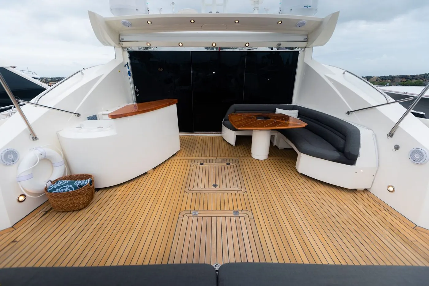 Helm with triple Garmin displays and leather captain chairs