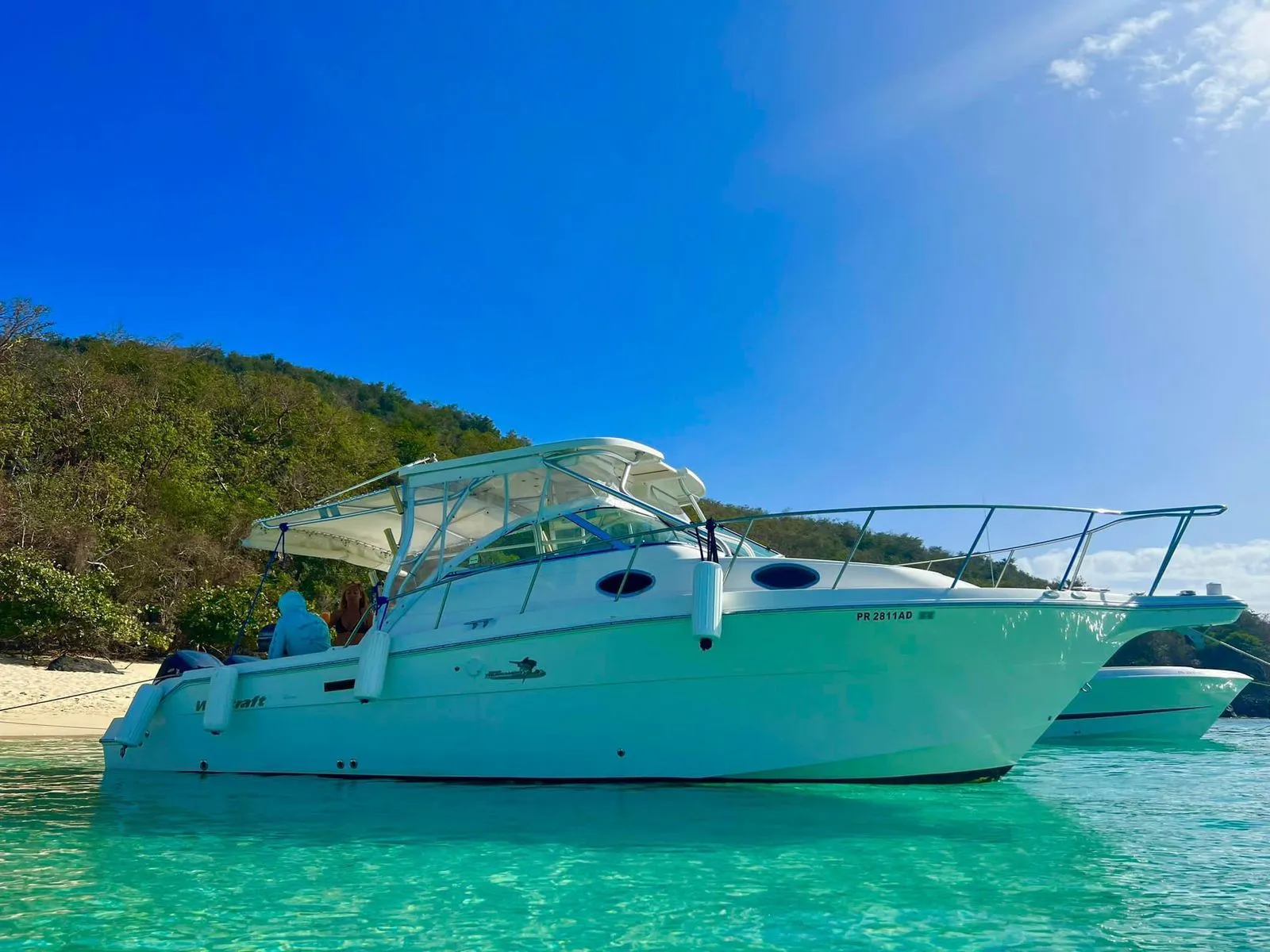 Wellcraft 30 anchored off the Caribbean shoreline with another boat alongside
